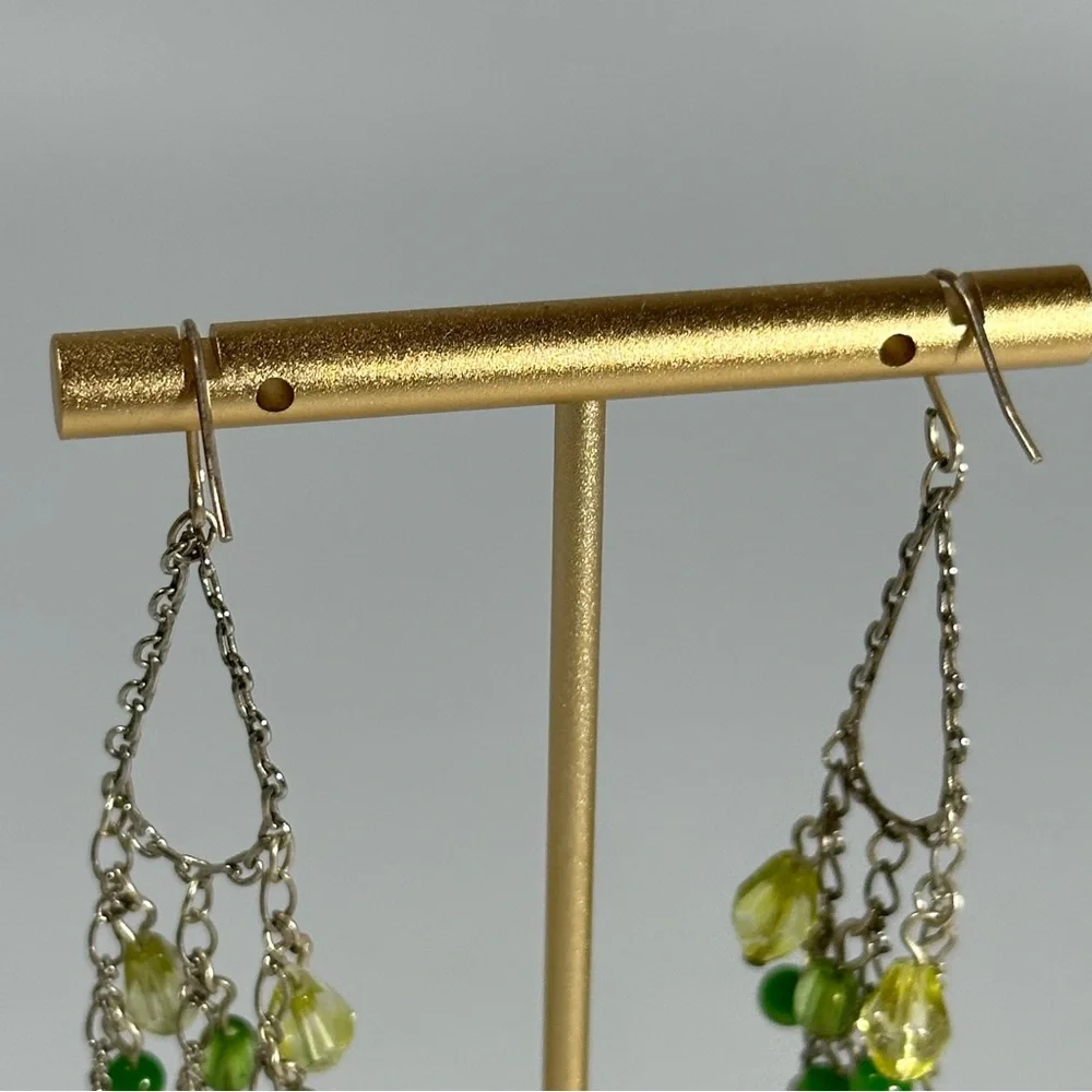 Green Beaded Silver Tone Chandelier Dangle Earrings Multi Chain Boho Fairy Gypsy